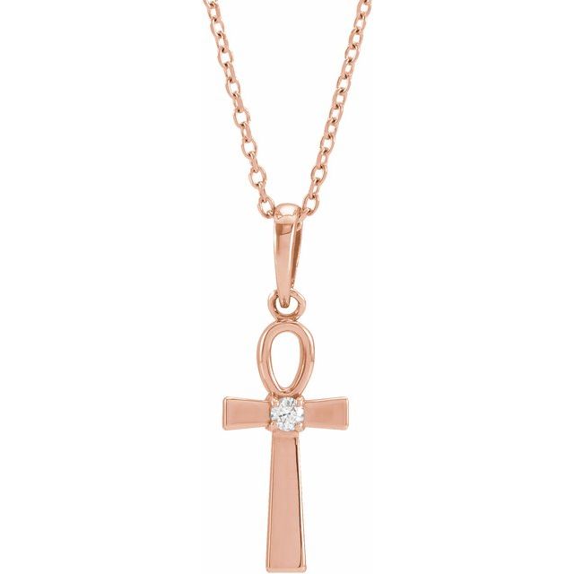 14K Rose .03 CT Natural Diamond Ankh Cross 16-18" Necklace