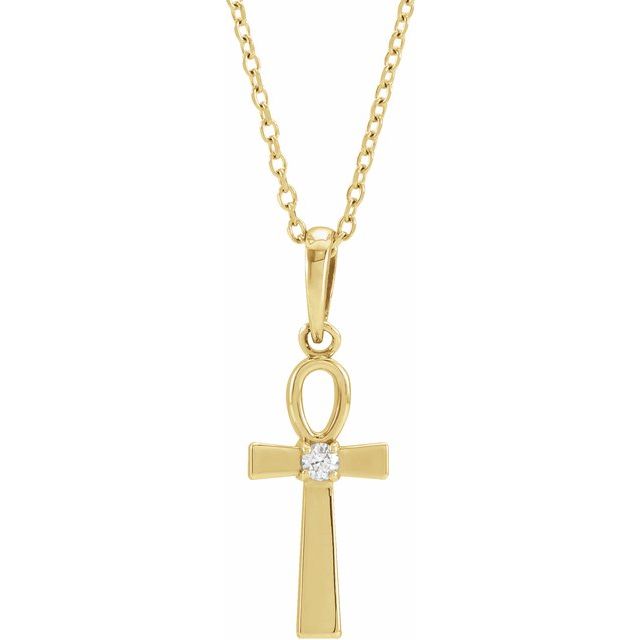 14K Yellow .03 CT Natural Diamond Ankh Cross 16-18" Necklace