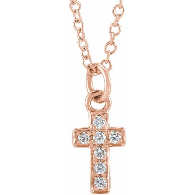 14K Rose .04 CTW Natural Diamond Youth Cross 15" Necklace