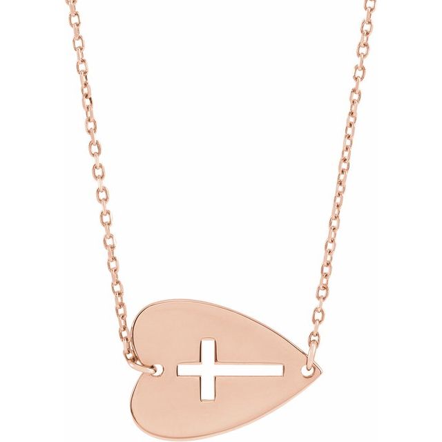 14K Rose Sideways Heart with Pierced Cross 18" Necklace