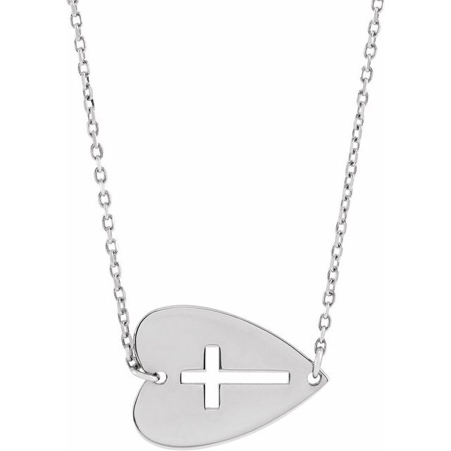 Sterling Silver Sideways Heart with Pierced Cross 18" Necklace
