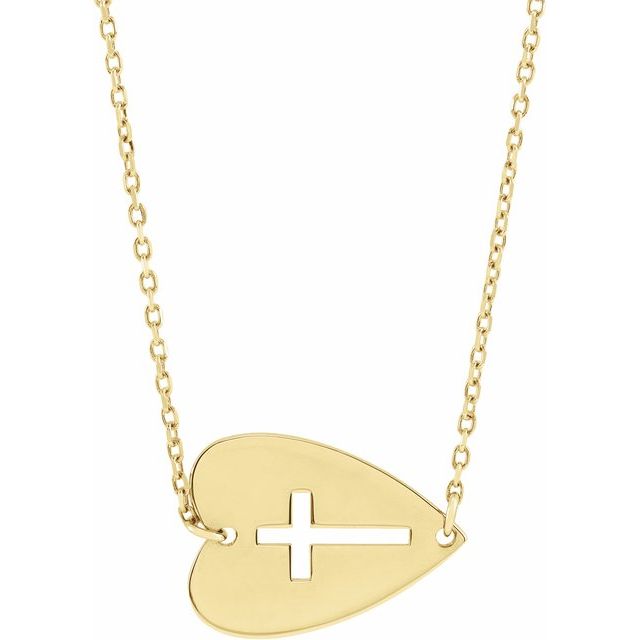 14K Yellow Sideways Heart with Pierced Cross 18" Necklace