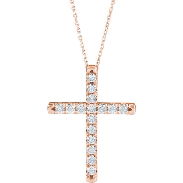 14K Rose 1 CTW Natural Diamond French-Set Cross 16-18" Necklace