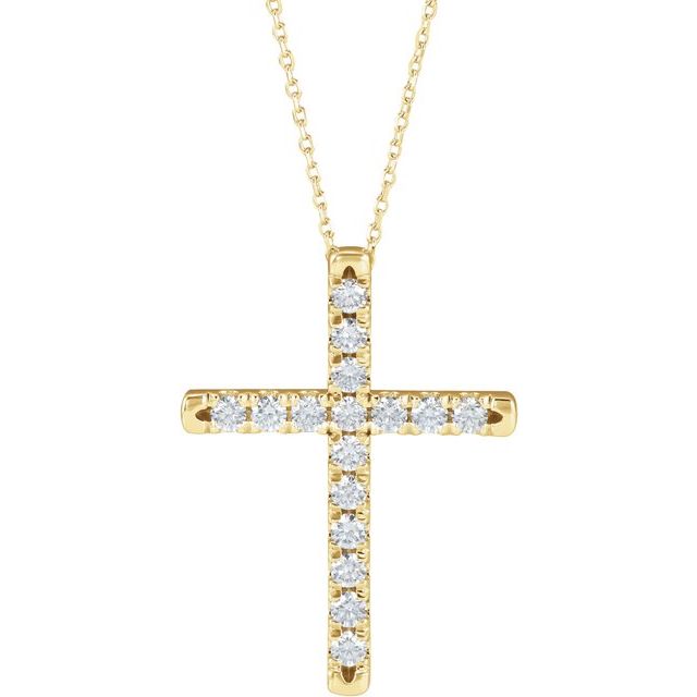 14K Yellow 1 CTW Natural Diamond French-Set Cross 16-18" Necklace