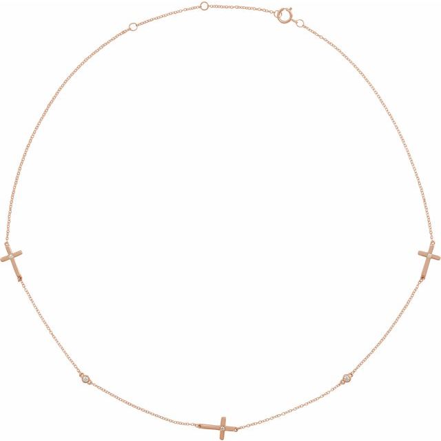 14K Rose 1/10 CTW Natural Diamond 5-Station Cross 16-18” Necklace