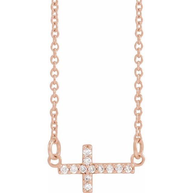 14K Rose .05 CTW Natural Diamond Sideways Cross 16-18" Necklace