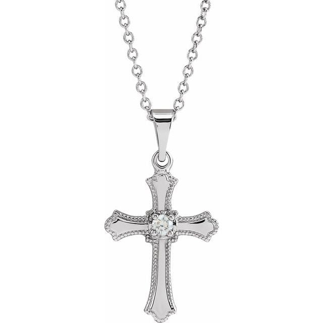 14K White .03 CT Natural Diamond Cross 18" Necklace