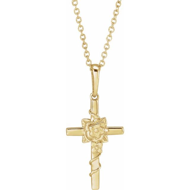 14K Yellow Floral Cross 16-18" Necklace