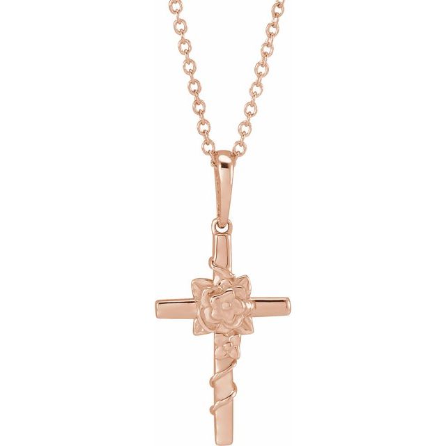 14K Rose Floral Cross 16-18" Necklace