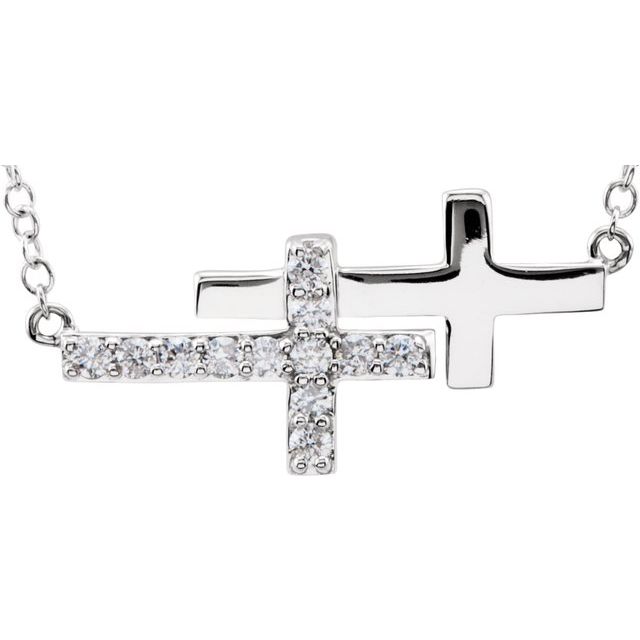 14K White 1/5 CTW Natural Diamond Double Sideways Cross 16-18" Necklace