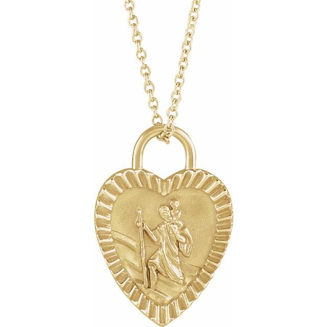 14K Yellow St. Christopher Heart Medal 16-18" Necklace