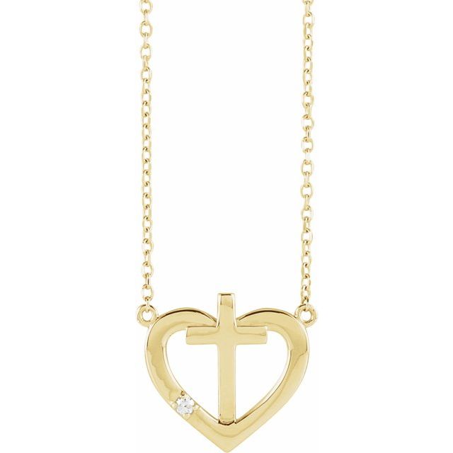 14K Yellow .015 CT Natural Diamond Heart & Cross 18" Necklace