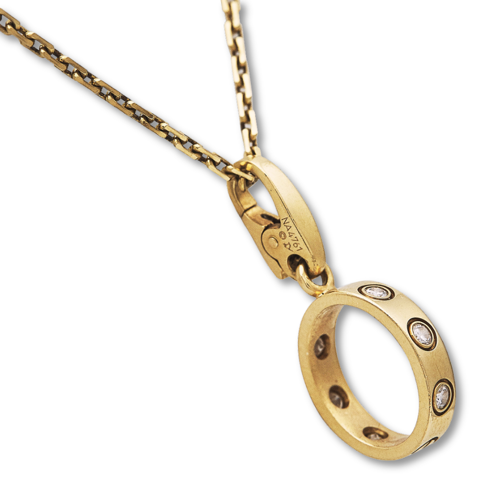 Cartier LOVE 18k Yellow Gold Diamond Charm Pendant Necklace – 16.5", 0.18 ctw