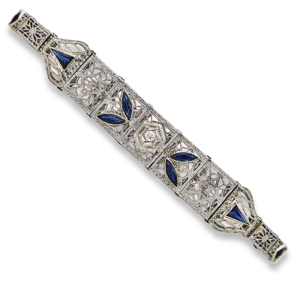 Vintage Filigree Platinum & 14K White Gold Sapphire & Diamond Bracelet – 7", 10.2g