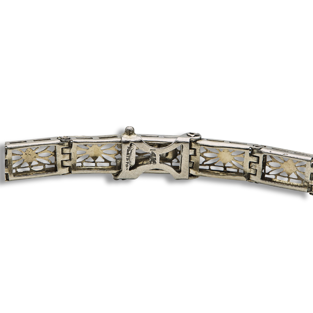 Vintage Filigree Platinum & 14K White Gold Sapphire & Diamond Bracelet – 7", 10.2g