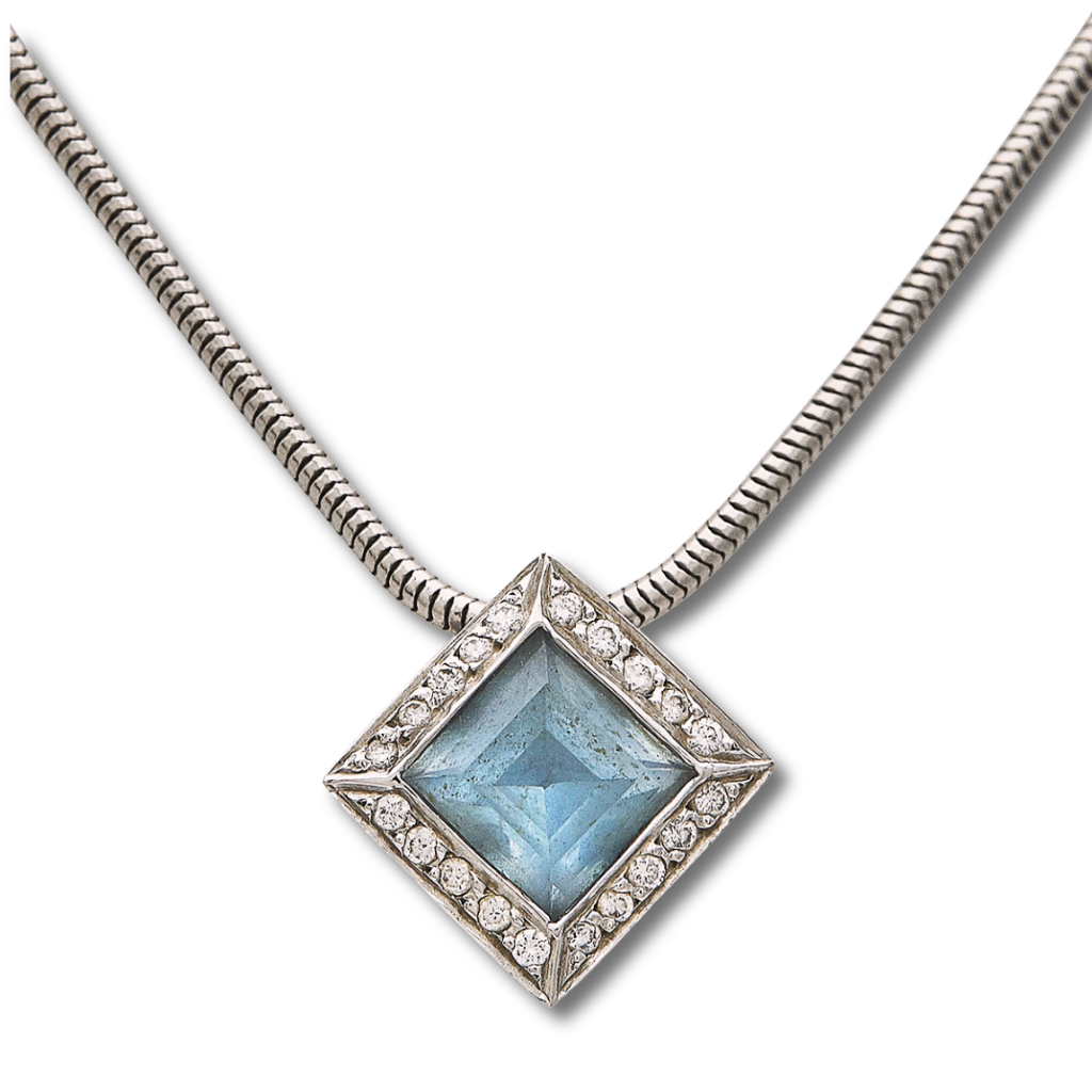 Platinum Aquamarine & Diamond Square Halo Pendant Necklace – 15.5", 0.20 ctw