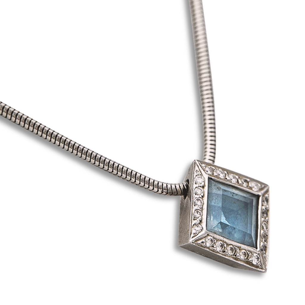 Platinum Aquamarine & Diamond Square Halo Pendant Necklace – 15.5", 0.20 ctw