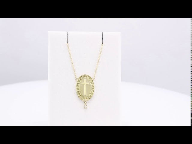 14K Yellow .015 CT Natural Diamond Rosary Cross 18" Necklace