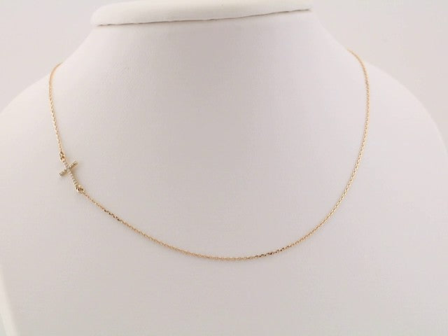 14K Yellow .04 CTW Natural Diamond Off-Center Sideways Cross 16" Necklace