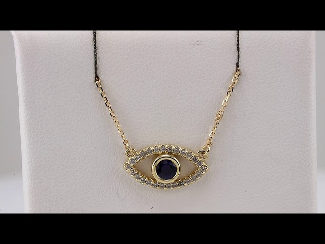 14K Yellow Natural Blue Sapphire & Natural White Sapphire Evil Eye 18" Necklace