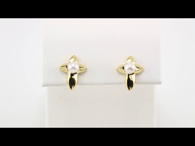 14K Yellow Cultured White Freshwater Pearl Cross Earrings